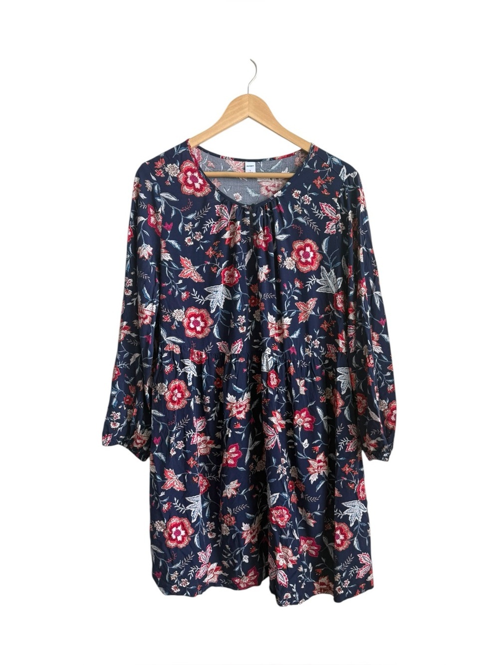 Old Navy Navy Floral Peasant Dress Women's Large Boho Keyhole Rayon Mini